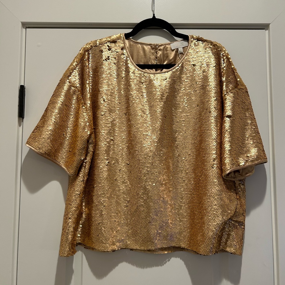 NWT Le’ AL.X Gold Sequin Short Sleeve Boxy Top Sz XL